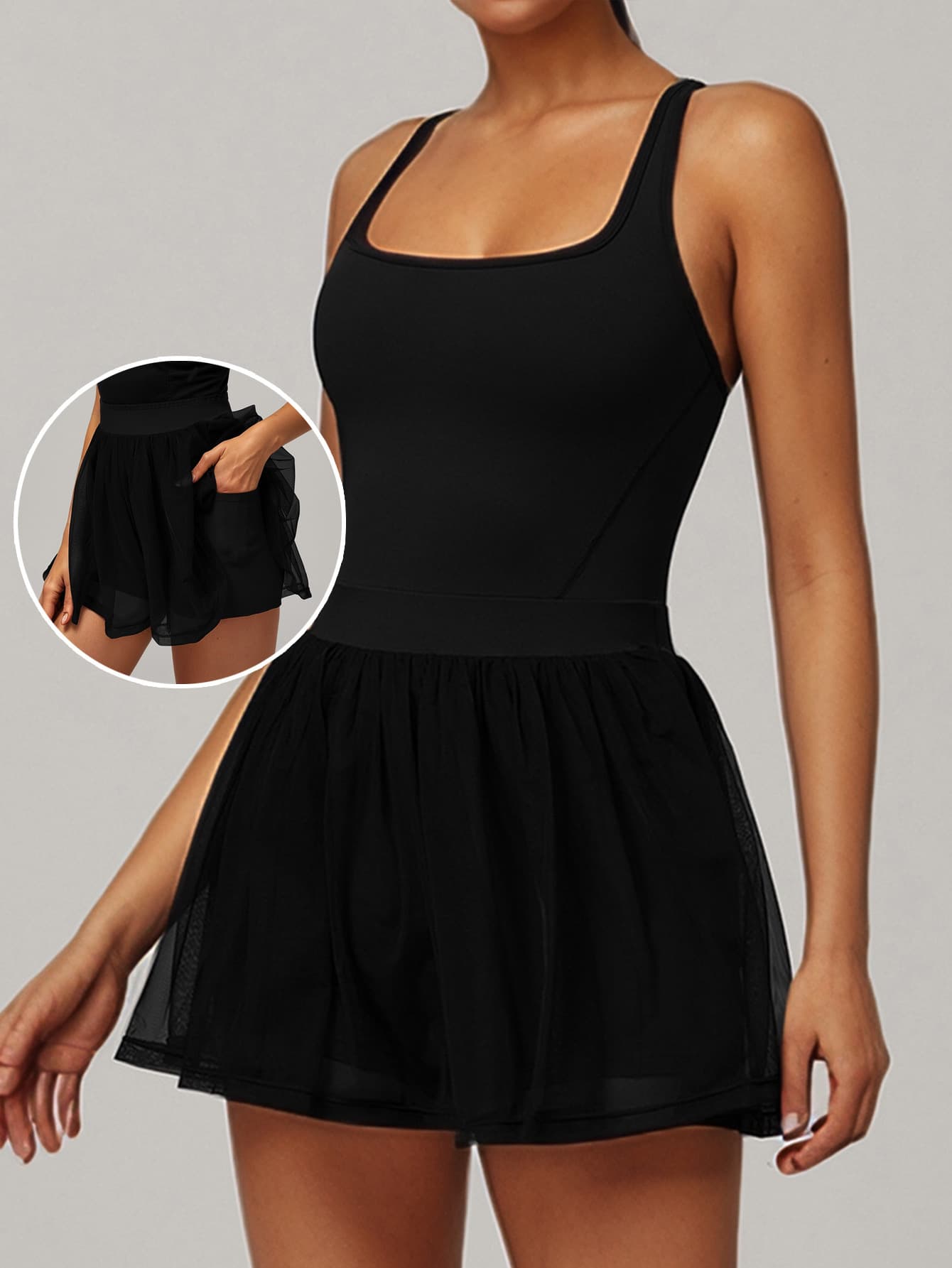 Graphite Black Air-Tutu Court Dress with ballet-inspired tulle overskir